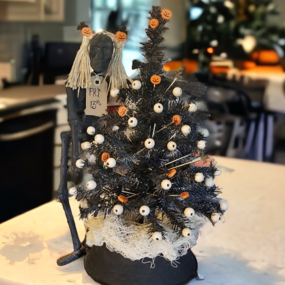 Mr. Bones Skeleton - Black Halloween Tree Bats Pumpkins Modern Farmhouse
